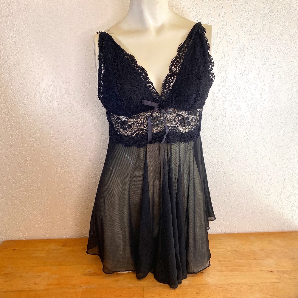 Black Lace Camisole Babydoll Negligee Chemise Elastic Under-Bust Small/Med